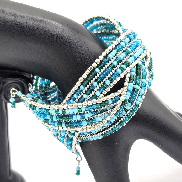 Wire Wrap Blue Seed Bead Woven Braided Wide Cuff Bracelet Vintage - Picture 3 of 8